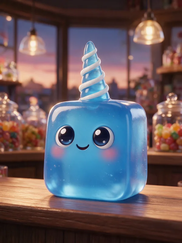 Twirl, a blue jelly with a striped horn