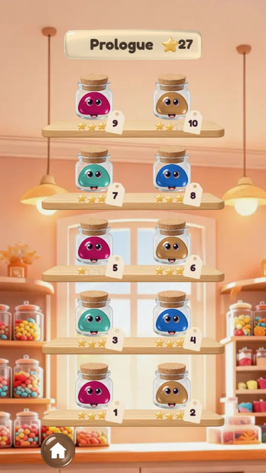 The Prologue map by day: ten corked jars on wooden shelves